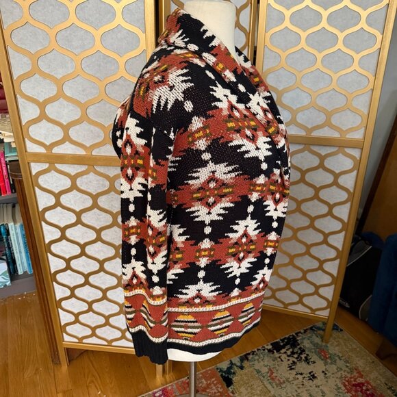 Lucky Brand Size L Multicolor Aztec Inspired Open Front Knit Cardigan Sweater - Picture 4 of 16